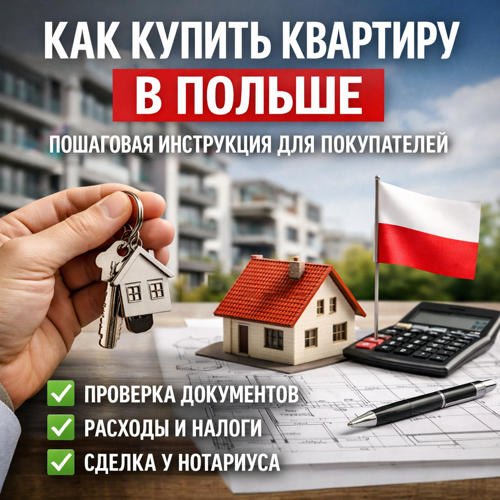 Как купить квартиру в Польше — пошаговая инструкция для покупателей, ключи от квартиры, макет дома, флаг Польши и документы для сделки