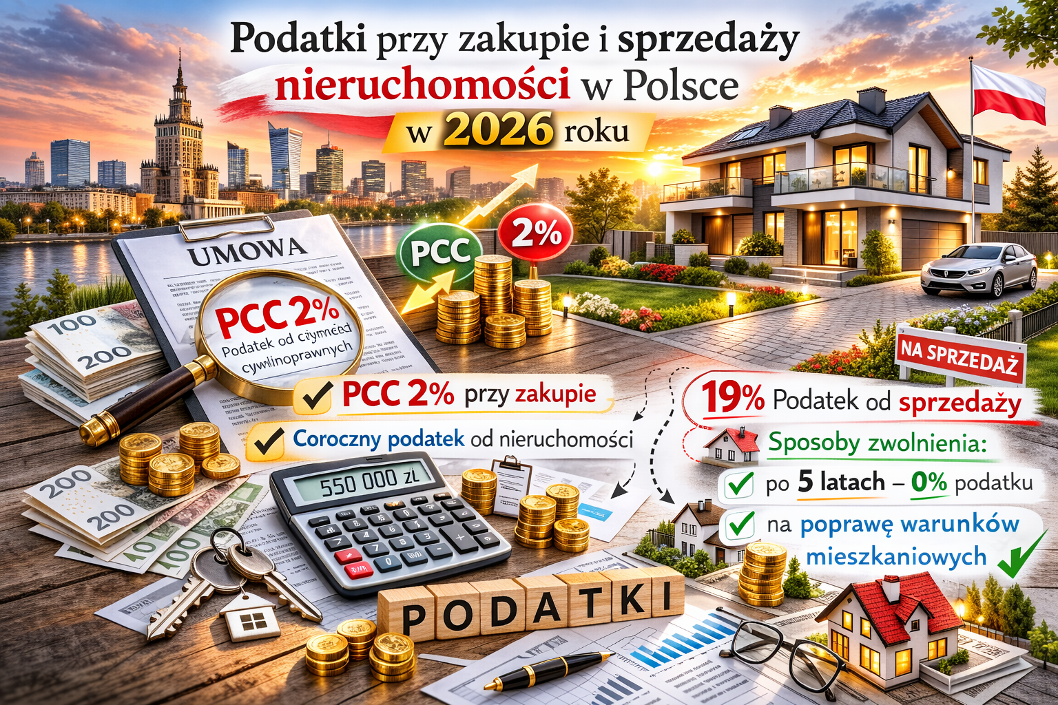 What taxes apply when buying and selling real estate in Poland? — PCC 2%, apartment tax, and sales tax.